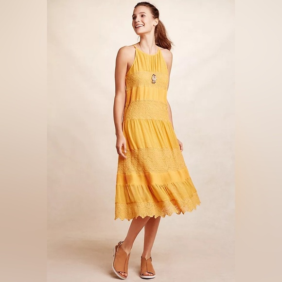 Anthropologie HD In Paris Villanelle Yellow Lace Midi Dress XSmall Sleeveless - Picture 1 of 5